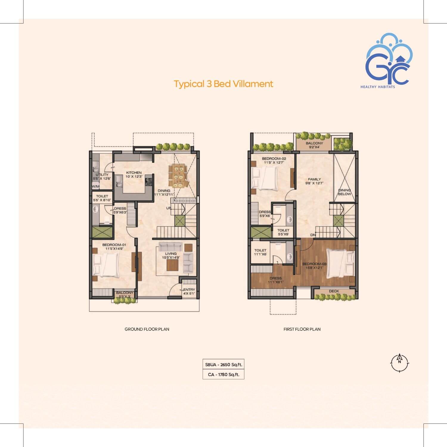 GRC Saffron Skies 3 BHK Villament Floor Plan